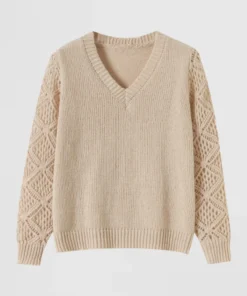 beige lace sleeve v neck sweater