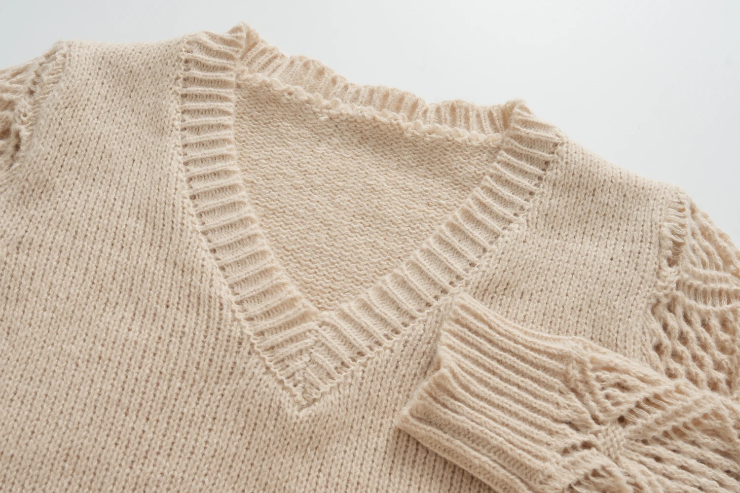 beige lace sleeve v neck sweater